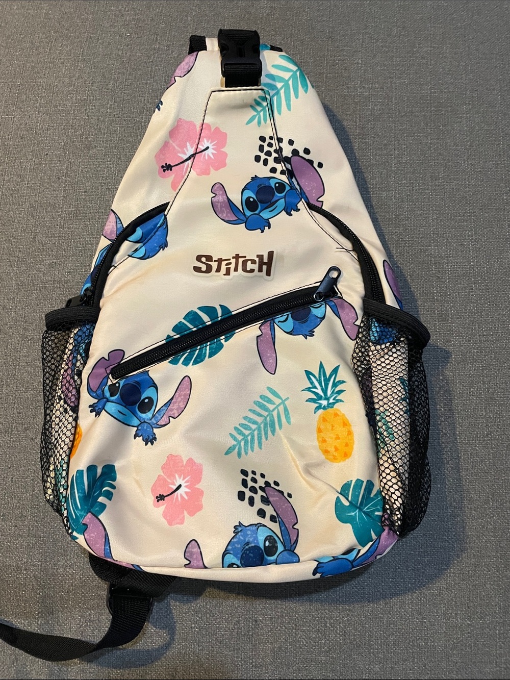 Stitch Sling Backpack with Tropical Print - Cream & Blue